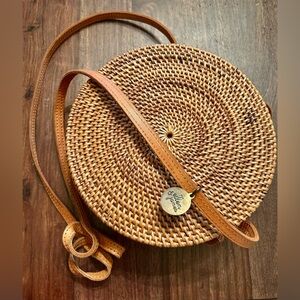 Ellen & James Round Rattan Woven Tan Crossbody Bag